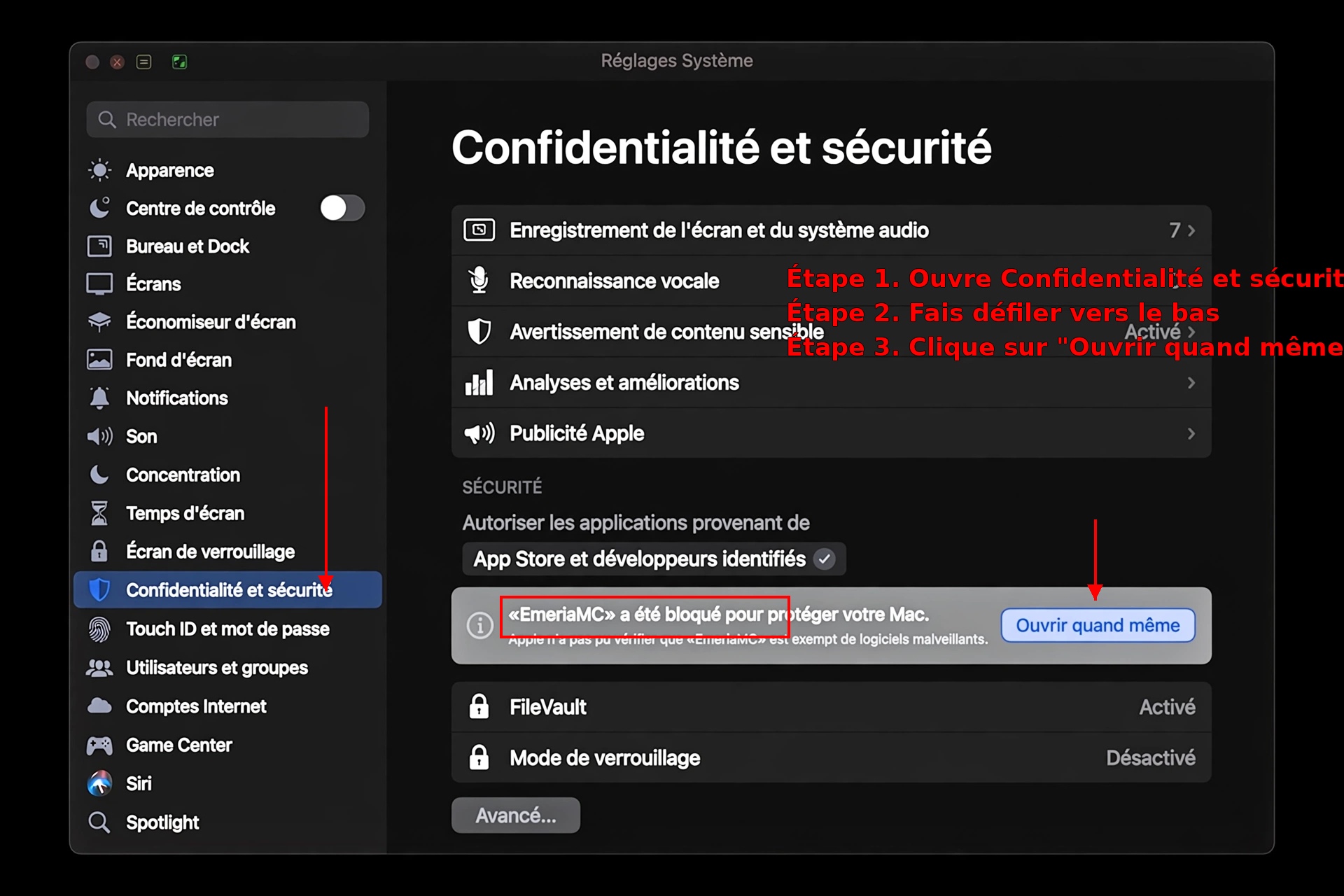 Réglages Système macOS — Ouvrir quand même